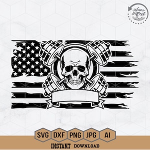 Tête de mort américaine Svg |  Crâne de remise en forme SVG | Svg haltères | Svg salle de sport squelette | Svg musculation | Haltérophilie Clipart | Chemise de sport | PNG Dxf