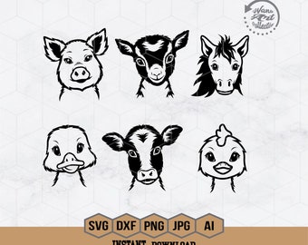 Farm Animals Bundle Svg | Cute Farm Animals Svg | Duck Goat Horse Cow Pig Chicken Svg | Cute Animal Face Svg | Baby Animal Svg | Farm Png