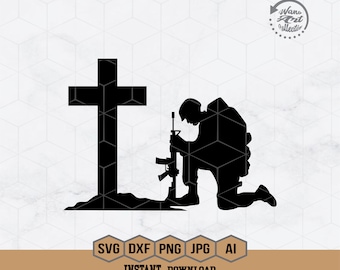 May include: A black silhouette depicting a soldier kneeling before a cross, with a rifle. The image includes file type icons and the words "INSTANT DOWNLOAD". A logo is in the upper right corner.