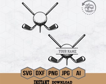 Golf Svg | Crossed Golf Clubs Split Name Frame Svg | Golf Tee Svg | Golf Name Svg | Golf Ball Svg | Golf Club Svg | Golfer Svg | Dad Shirt