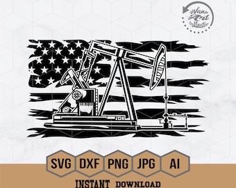 May include: Black and white silhouette of an oil rig pump jack superimposed on a distressed American flag. The image is a digital download for crafting projects.