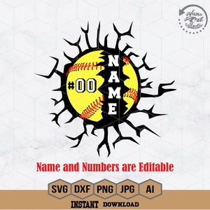May include: A yellow and red softball with black stitching is breaking through a black crack. The softball has the text "#00 NAME" on it. The text "Name and Numbers are Editable" is below the softball. The text "SVG DXF PNG JPG AI INSTANT DOWNLOAD" is below the text "Name and Numbers are Editable".
