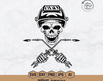 Puede incluir: Ilustración en blanco y negro de una calavera con un casco de soldador y sosteniendo dos antorchas de soldar cruzadas.