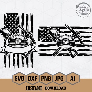 May include: Black and white digital design featuring a miner's helmet, pickaxe, and shovel crossed over a distressed American flag.