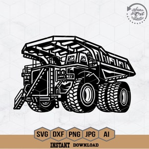 May include: Black and white illustration of a large dump truck with a raised bed. The truck has large tires and a detailed design.