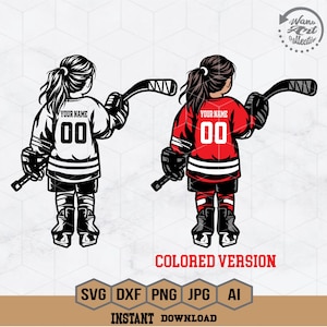 K&ouml;nnte beinhalten: Zwei Illustrationen eines Hockeyspielers, der ein Trikot mit dem Text "YOUR NAME" und der Nummer "00" tr&auml;gt. Eine Illustration ist in Schwarzwei&szlig;, die andere in Farbe mit einem roten Trikot.
