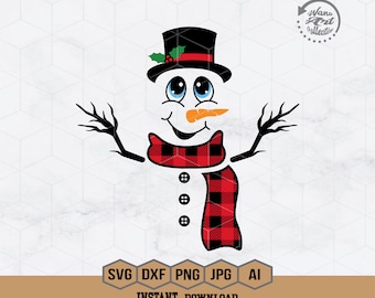 Könnte beinhalten: Ein lächelnder Schneemann mit einem schwarzen Zylinder, einem rot-schwarzen karierten Schal und einer Karottennase. Der Schneemann hat blaue Augen und einen weißen Körper.