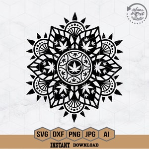 May include: Black and white mandala design featuring a repeating pattern of stylized cannabis leaves. The mandala is intricate and detailed, with a circular shape and a central focal point.