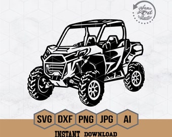 May include: Black and white silhouette of a side view of a four-wheeled off-road vehicle. The vehicle has a roll cage and a single seat. The vehicle is on a white background.