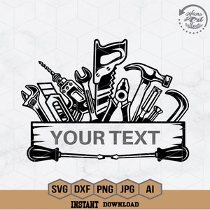 May include: Black and white illustration of various tools, including a hammer, saw, screwdriver, wrench, and drill, arranged around a wooden sign with the text "YOUR TEXT".