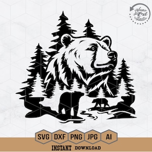 Bear Outdoor Scene Svg | Bear Svg | Grizzly Bear Clipart | Outdoor Scene Svg | Wild Animals Svg | Camping Cut File for Cricut | Png Eps Dxf