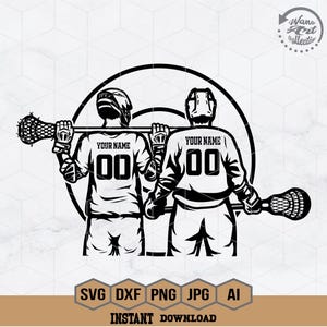 May include: Black and white illustration of two lacrosse players facing each other, holding lacrosse sticks. The players are wearing jerseys with the text "YOUR NAME" and the number "00".
