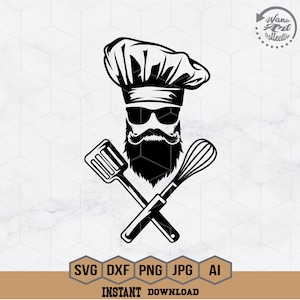 Beard Man Chef svg | Cooking Dad T-shirt Design Gift Idea png | Grillers Clipart | Head Cook Hat Cut File | Chef Life Stencil | Grilling dxf