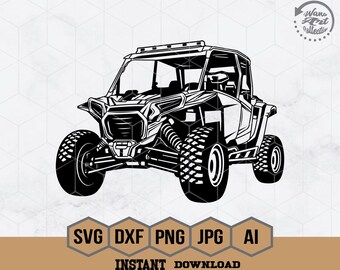 Pode incluir: Ilustração em preto e branco de um veículo off-road lado a lado. O veículo tem uma gaiola de segurança e quatro rodas. SVG DXF PNG JPG AI DOWNLOAD INSTANTÂNEO