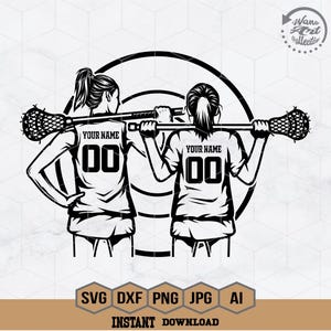 2 weibliche Lacrosse Spielerin svg | Personalisierter Name | Lacrosse Druck | Lacrosse Stick geschnitten Datei | Lacrosse Spiel geschnitten Datei | Lacrosse Mom Shirt | Png Dxf eps