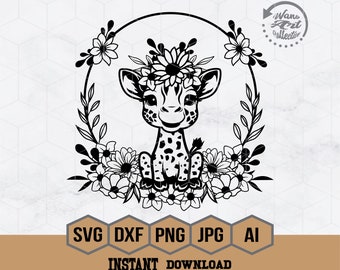 Floral Baby Giraffe Svg | Cute Giraffe Svg | Baby Giraffe Svg | Safari Animals Svg | Funny Giraffe Svg | Floral  Wreath Png | Giraffe Png