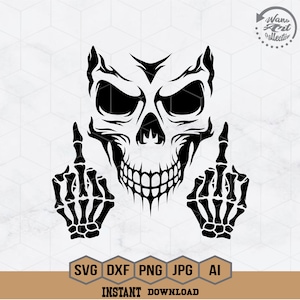 Skull Middle Finger Svg | Skull Face Svg | Skeleton Svg | Middle Finger Svg | Skull Cut Files For Silhouette | Files for Cricut | Png Dxf Ai