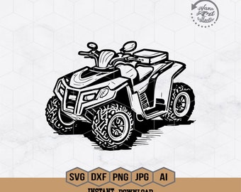 Puede incluir: Ilustración en blanco y negro de un quad, con manillar, asiento y neumáticos texturizados. Incluye el texto "SVG DXF PNG JPG AI" y "INSTANT DOWNLOAD". Ideal para proyectos creativos y digitales.