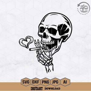 May include: Black and white illustration of a skull smoking a cigarette with a heart-shaped smoke cloud. The skull is smiling and has a skeletal hand holding the cigarette.