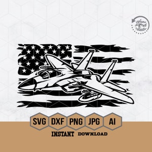 May include: Black and white illustration of a fighter jet flying over a distressed American flag. The image includes the text "SVG DXF PNG JPG AI INSTANT DOWNLOAD".
