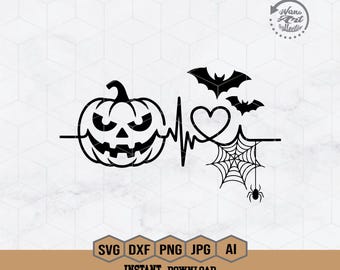 Halloween Herzschlag geschnitten Datei | Gruseliger Herzschlag geschnitten Datei | Gruselige Spinne geschnitten Datei | Halloween-Szene geschnitten Datei | Gruselzeit | Halloween-Hemd | Datei: Png, Dxf, Eps