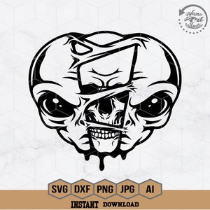 May include: Black and white illustration of an alien skull with a dripping effect. The skull is cracked open, revealing a human-like face underneath.