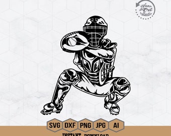 May include: Black and white illustration of a baseball catcher in a crouching position, wearing a catcher's mask, chest protector, and leg guards. The catcher is holding a baseball in a glove.