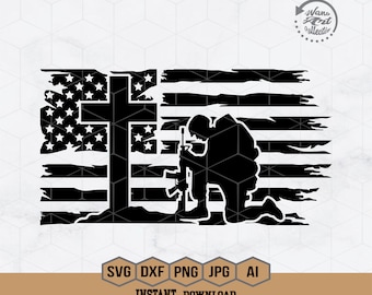 May include: Black and white silhouette of a soldier kneeling in prayer in front of a cross with a distressed American flag behind them.