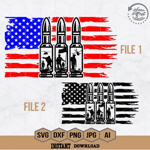 May include: A digital download of two SVG files featuring a distressed American flag with three bullets and soldiers. The first file features a red, white, and blue flag. The second file features a black and white flag.