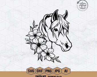 Horse SVG File | Horse with Flowers Svg | Horse Cutfile | Floral Horse Svg | Animal Face Clipart | Cute Horse Face Stencil | Horse Lover Png