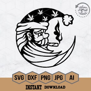 May include: Black and white illustration of a cartoon character wearing a Santa hat with marijuana leaves on it. The character is smoking a joint and is in the shape of a crescent moon.