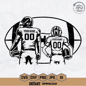 May include: Black and white illustration of two football players facing each other. The players are wearing jerseys with the text "YOUR NAME" and the number "00".