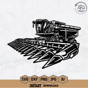 May include: Black and white silhouette of a combine harvester with a header, a large machine used for harvesting crops.