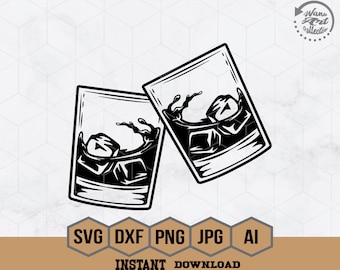 May include: Black and white illustration of two glasses of whiskey with ice cubes. The glasses are raised in a toast.
