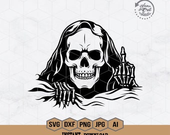 Grim Reaper Peeking Svg | Skeleton Svg | Middle Finger Svg | Horror T-Shirt | Halloween Svg | Scythe Svg | Grim Reaper Decal | Png Dxf Eps
