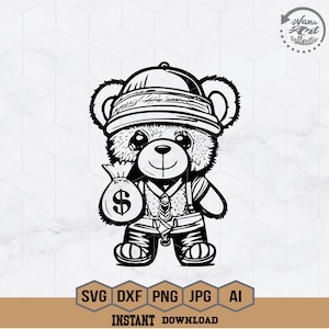 Simpatico orsacchiotto Gangster Svg / Teddy Gangster Svg / Hipster Grizzly Clipart / Bad Mafia Goons CutFile / Rich Cool Kids Shirt / Money Bag Svg