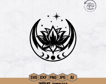 Lotus Moon Svg | Moon Phases Svg | Floral Crescent Moon Svg | Blooming Lotus Moon Svg | Moon Clipart | Celestial Svg | Lotus Svg | Png Dxf
