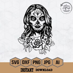 Sockerskalle med ros SVG | Dödskalle Ros Svg | Sockerskalle Svg | Kvinna Skalle Svg | Dam Död Svg | Catrina Klippfil | Blommig Dödskalle Clipart