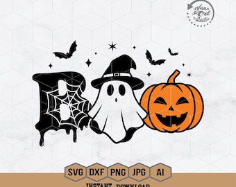May include: Black and white graphic design of a ghost, a pumpkin, and a spiderweb with the word "BOO" in a dripping font.