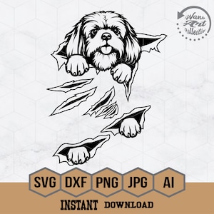 Könnte beinhalten: Schwarz-weiß Grafik eines Shih Tzu-Hundes, der durch eine zerrissene Oberfläche bricht. Der Kopf und die Pfoten des Hundes sind sichtbar, mit einem fröhlichen Ausdruck. Darunter Dateityp-Symbole: SVG, DXF, PNG, JPG und AI, mit dem Text "INSTANT DOWNLOAD."