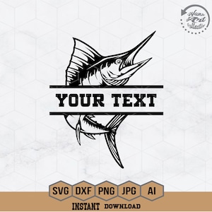 May include: Black and white silhouette of a marlin fish with a banner that says "YOUR TEXT". The image is suitable for use as a logo, design element, or for creating personalized items.