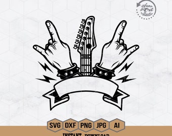 Rock'n'roll Svg | Guitare SVG | Roche main signe Svg | Musique SVG | Chemise Rock | Chemise guitare | Clipart métal lourd | Fichiers de découpe, PNG Dxf