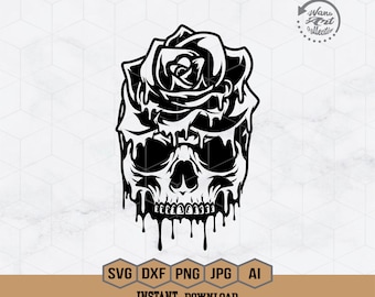 May include: Black and white illustration of a skull with a rose on top. The skull is dripping with liquid, creating a dripping effect. The image is a digital download and includes SVG, DXF, PNG, JPG, and AI file formats.