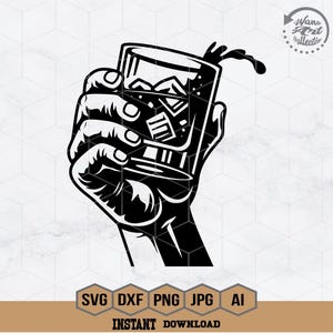 Hand with Whiskey Svg | Whiskey Glass Svg | Whiskey with Ice Svg | Whiskey Clipart | Cheers Stencil | Whiskey T-Shirt Design | Png Dxf Eps