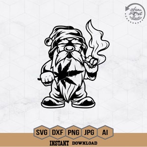 May include: Black and white illustration of a Santa Claus gnome smoking a joint with a marijuana leaf in his beard. The gnome is wearing a Santa hat and has a long beard.