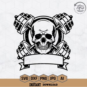 Skull Barbell Svg |  Skull Fitness Svg | Barbell Svg | Skeleton Gym Svg | Bodybuilding Svg | Weight Lifting Clipart | Gym Shirt | Png Dxf