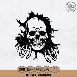 May include: Black and white illustration of a skull with a toothy grin emerging from a ripped background. The skull has large, dark eye sockets and a prominent nose.