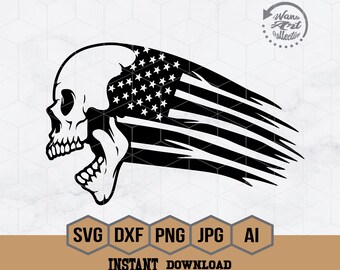 Teschio patriottico bandiera americana SVG / Veterano militare / Teschio SVG / Bandiera in difficoltà / Soldato Svg / Vettore teschio / Clipart teschio / Png Dxf