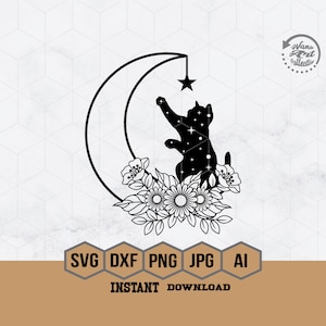 Celestial Cat Moon Florals svg, Mystical Cat svg, Celestial svg, Magic Cat svg, Black Magic svg, Floral Moon svg, Floral Moon Clipart