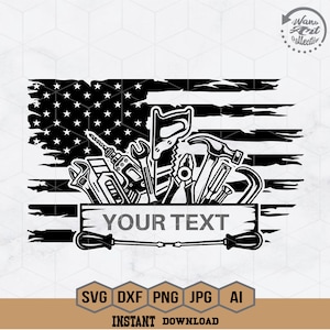 May include: Black and white illustration of a distressed American flag with various tools, including a saw, hammer, wrench, and drill. The text "YOUR TEXT" is displayed on a banner below the tools.